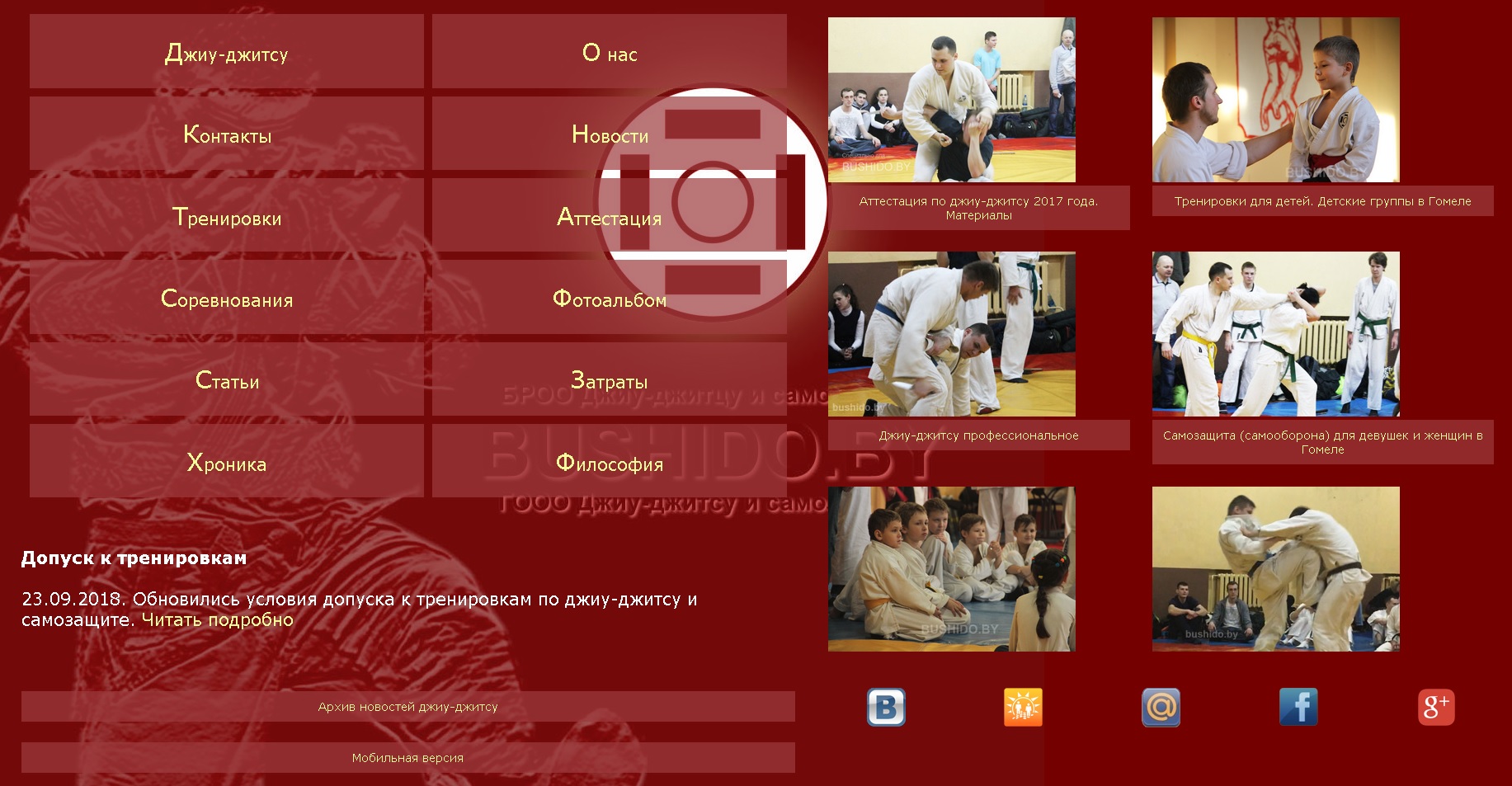 Скриншот сайта ГООО Джиу-джитсу и самозащиты - bushido.by.